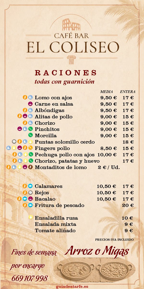 Carta Raciones Bar El Coliseo Atarfe