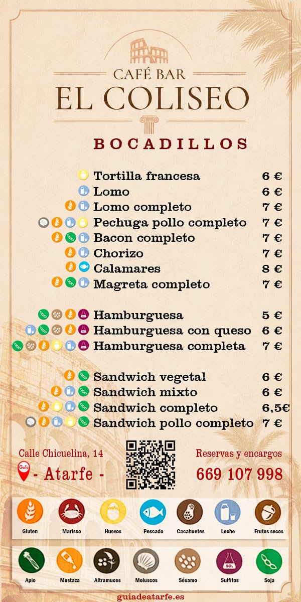 Carta Bocadillos Bar El Coliseo Atarfe
